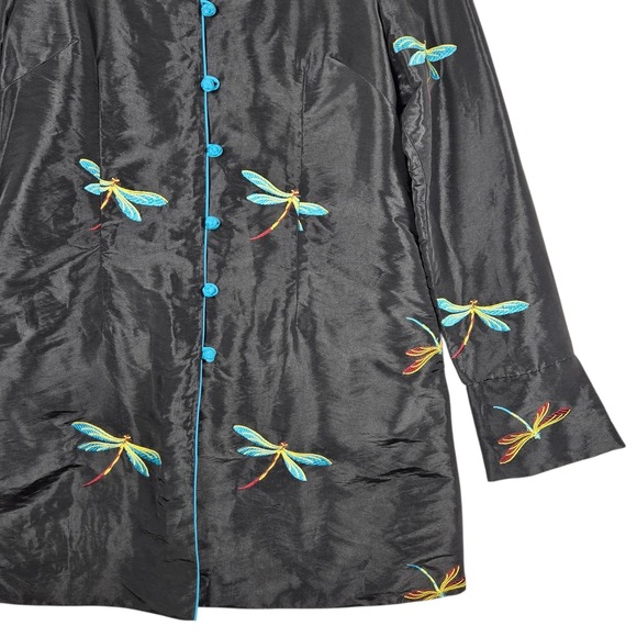 La Cera Dragonfly Embroidered Jacket Womens Small Black Longline Art to Wear - Picture 4 of 12